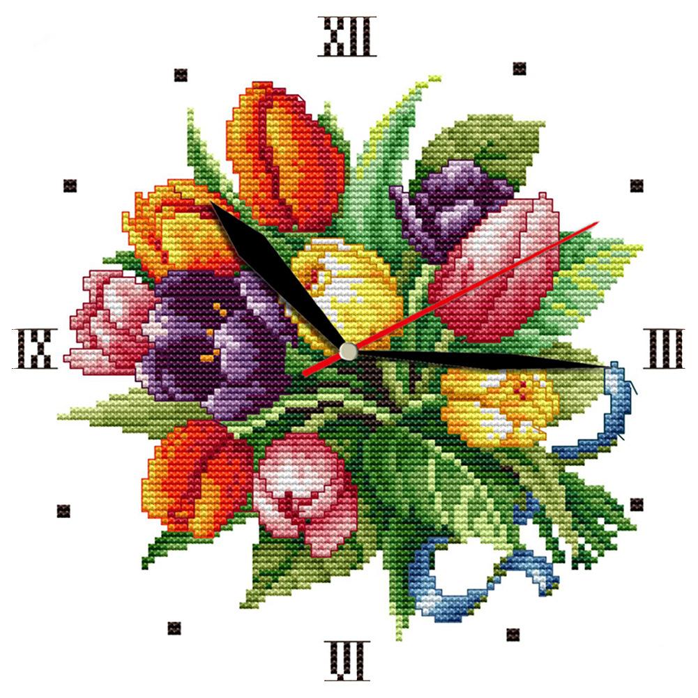 

Tulip Clock - 14CT Stamped Cross Stitch - 26*26cm, 501 Original