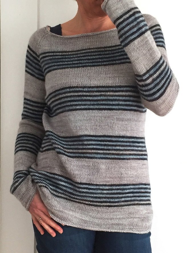 Stripe Sweater Plus Size Boat Neck Knit Tops