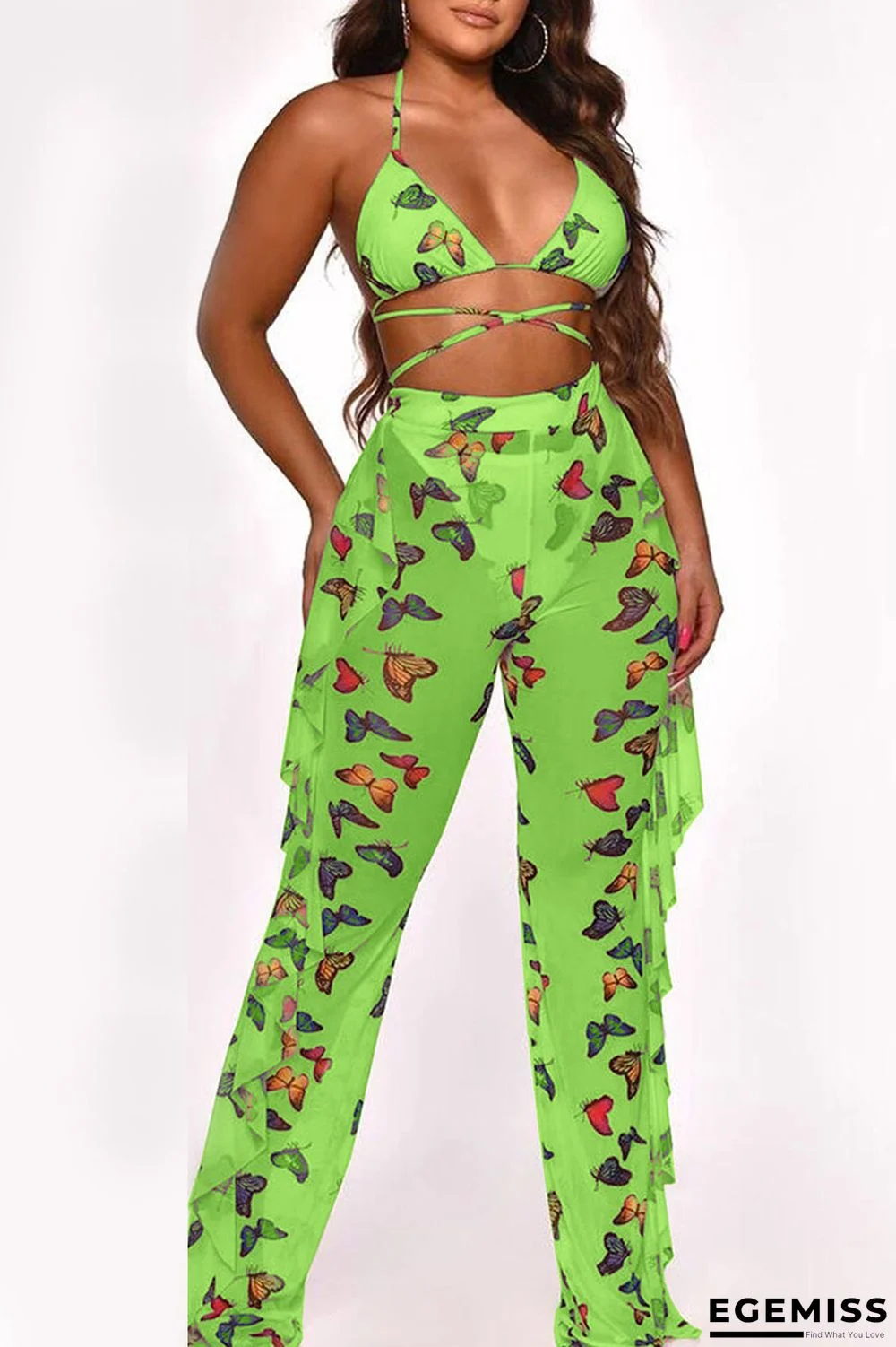 Grass Green Sexy Mesh Printing Swimsuit Two-piece Set | EGEMISS