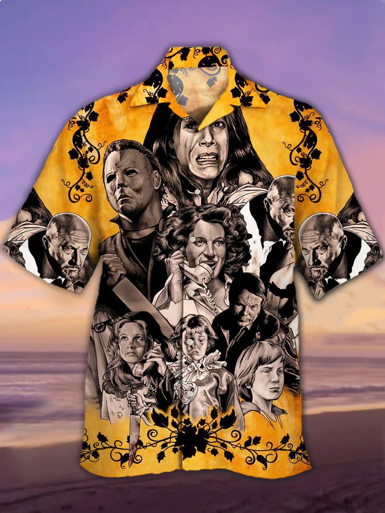 Retro Horror Movie Mask Men's Cuban Collar Short Sleeve Shirt PLUSCLOTHESMAN