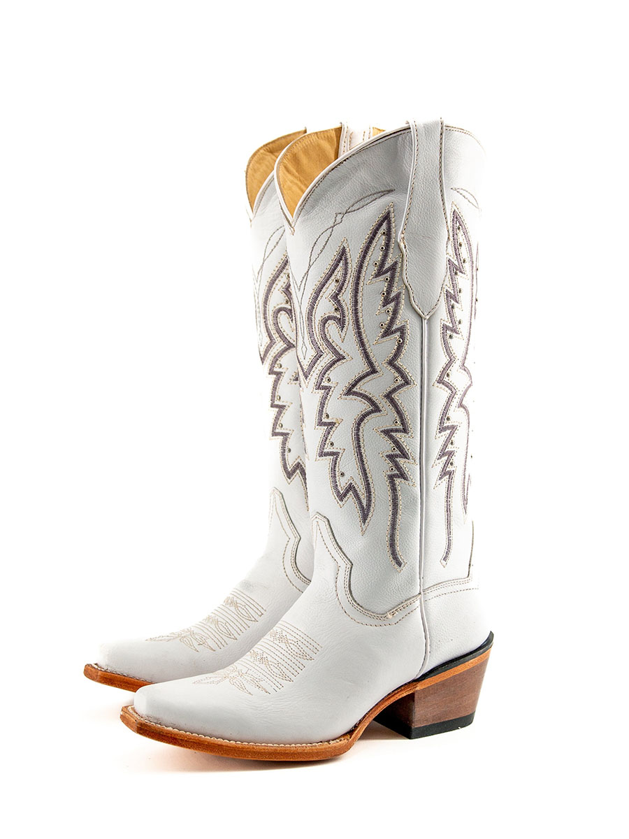 Silver Vegan Leather Sophisticated Knee-High Cowgil Boots with Embroidery and Chunky Heels