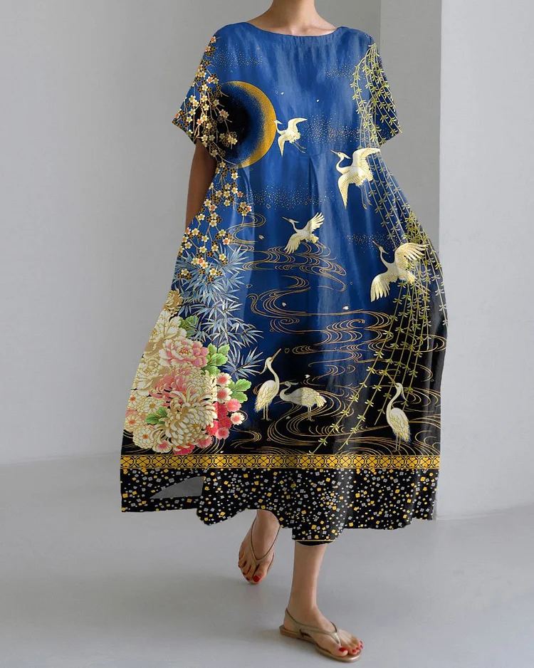 Japanese Landscape Art Short Sleeve Midi Dress
