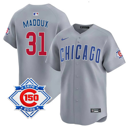 Men's Chicago Cubs #31 Greg Maddux Grey Nike Road Vapor Limited 150th Anniversary Authentic Lettering Jersey