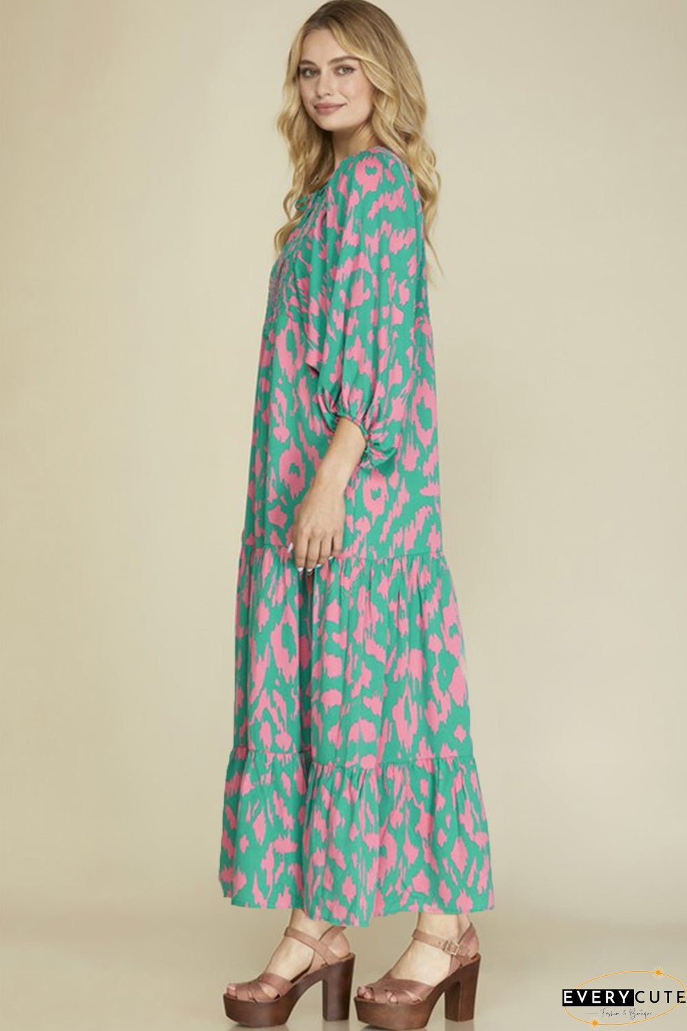 Green Abstract Print Puff Sleeve Tied Notched Neck Long Dress