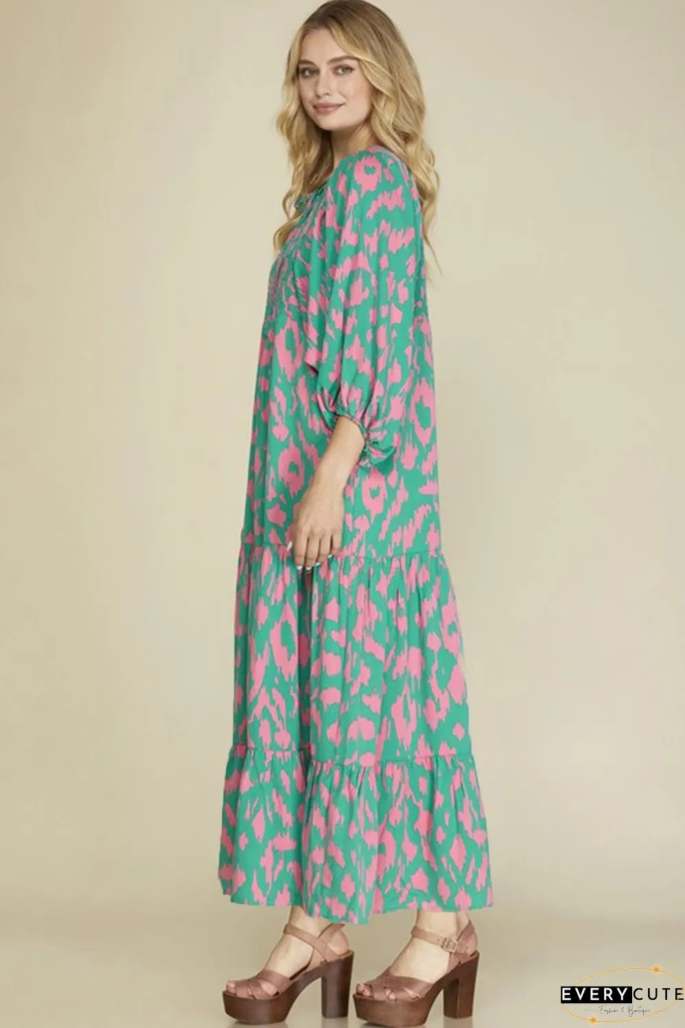 Green Abstract Print Puff Sleeve Tied Notched Neck Long Dress