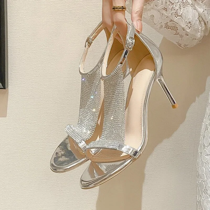 Cartoonh Rhinestones Silver Women Sandals Elegant thin High heels Dress Sandals Fashion Summer Wedding Bridal Shoes Sandalias