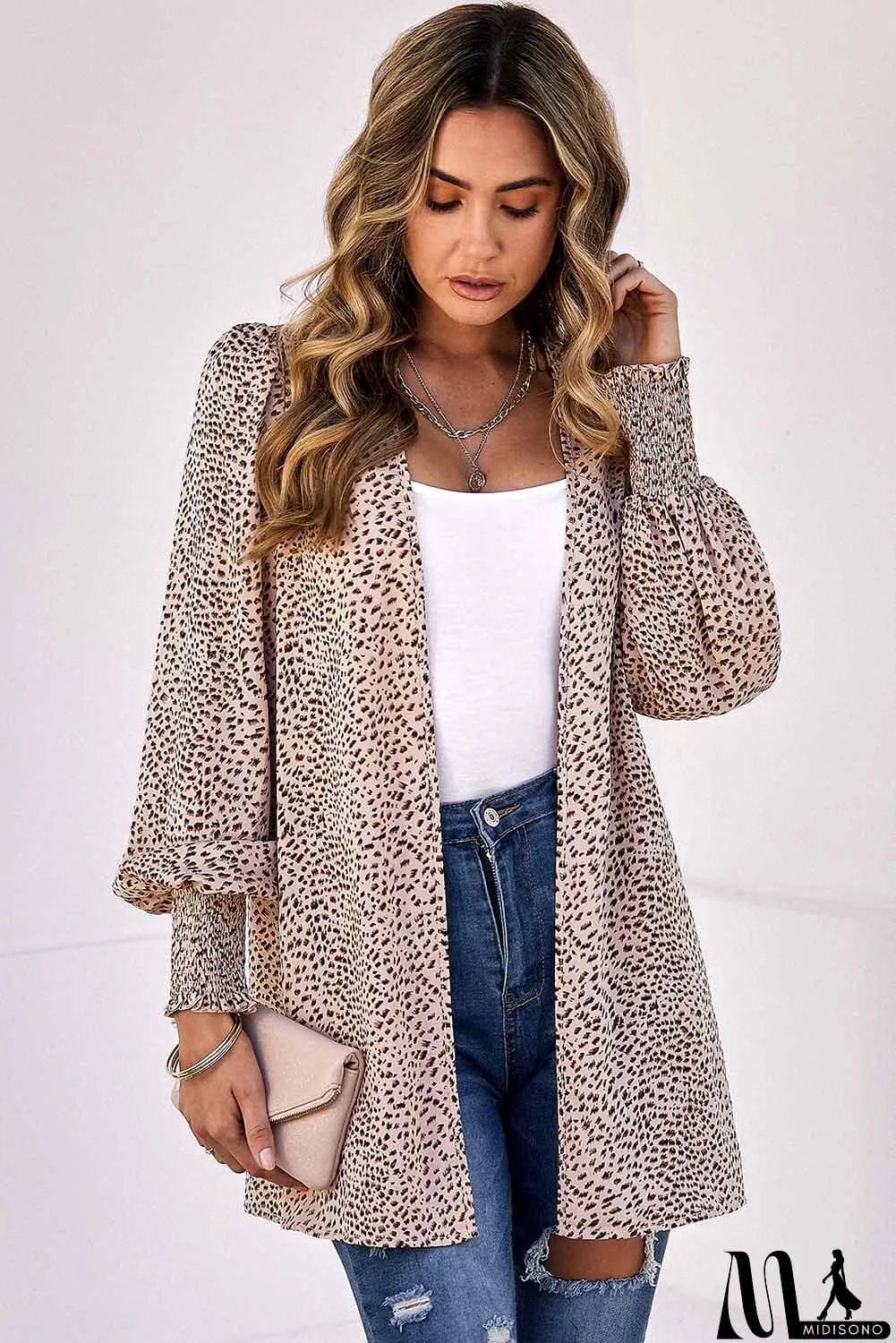 MidiSono - Animal Print Shirred Cuff Lantern Sleeve Cardigan