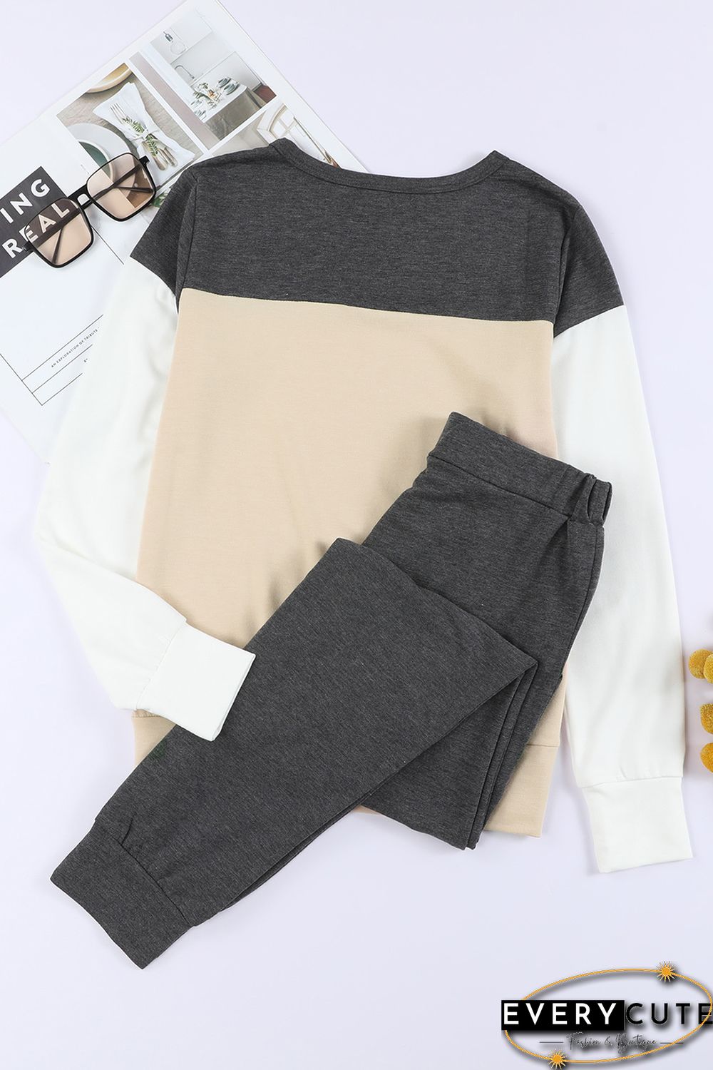 Khaki Color Block Pullover 2pcs Loungewear Set