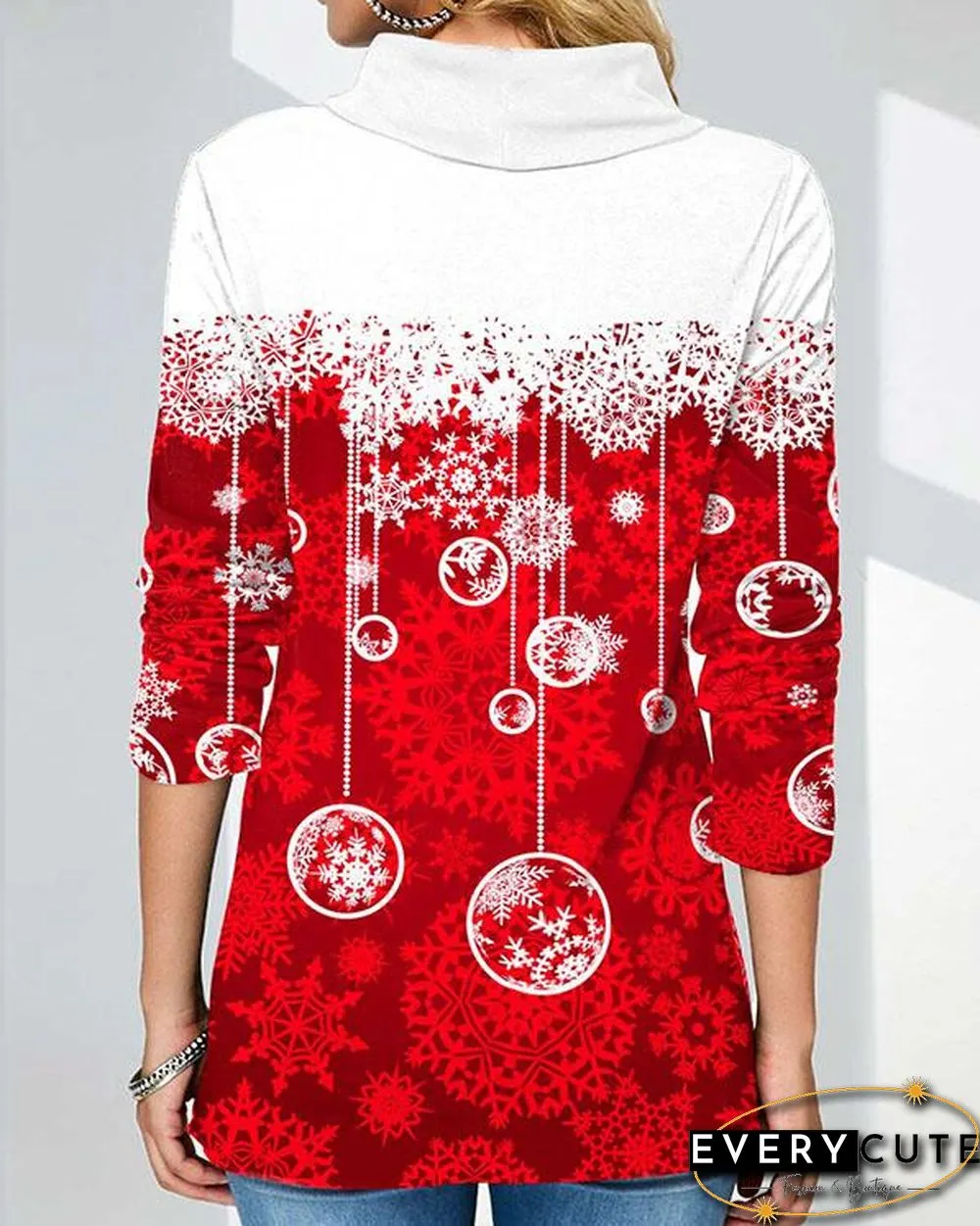 Christmas Print Long Sleeve Red White Sweatshirt
