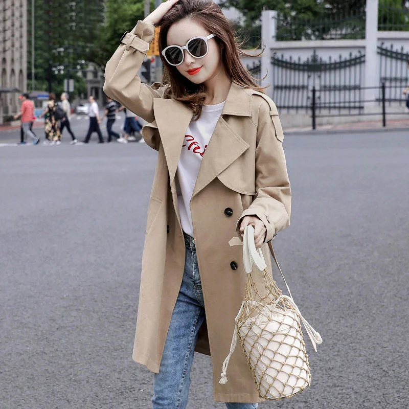 FTLZZ 2021 New Sping Autumn Women Khaki Trench Coat Streetwear Double Breasted Windbreaker Loose Fit Black Ladies Outwear