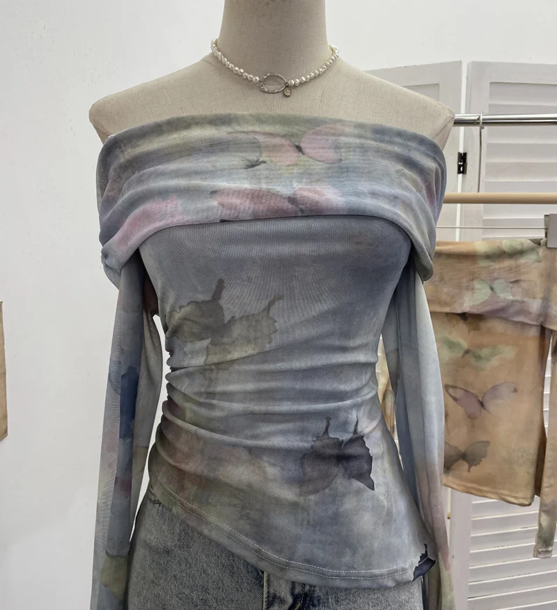 Uveng Real Shooting Design Dizzling A Word On The Shoulder Of The Women's Net Exposed Shoulder Long Sleeves Irregularly Folded Short T-Shirt 1198