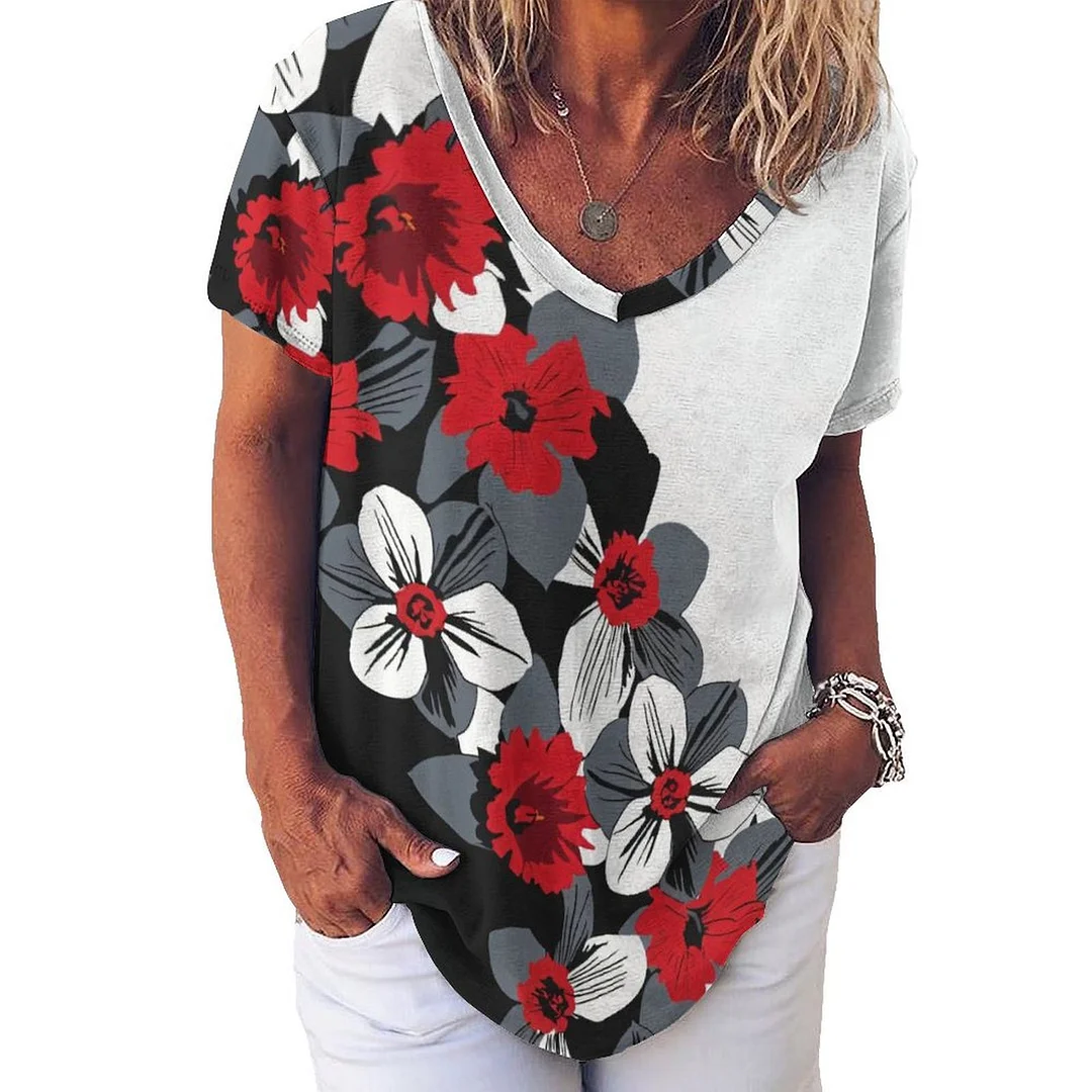 V-neck Short Sleeve Casual T-shirt for  Women Printed with Pattern Floral, Black, Red