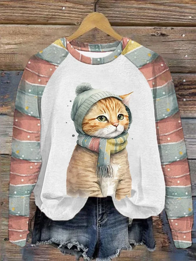 Women's Winter Cat Print Casual Sweatshirt socialshop