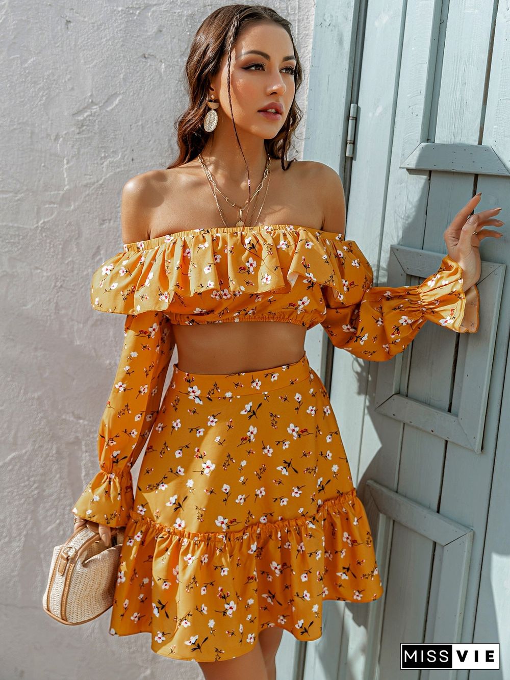 Printed Off Shoulder Top And Tiered Skirt Set