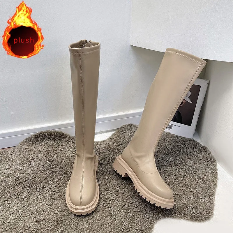 Women's Long Boots Soft PU Leather Autumn Shoes Thick Soled Platform Fashion Ladies Knee High Boots 2021 Solid Color Female Boot