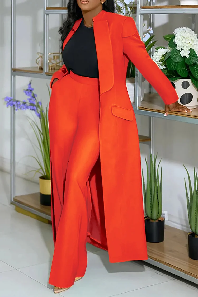 Turndown Collar Solid Color Long Blazer High Waist Pants 2pcs Set-Green