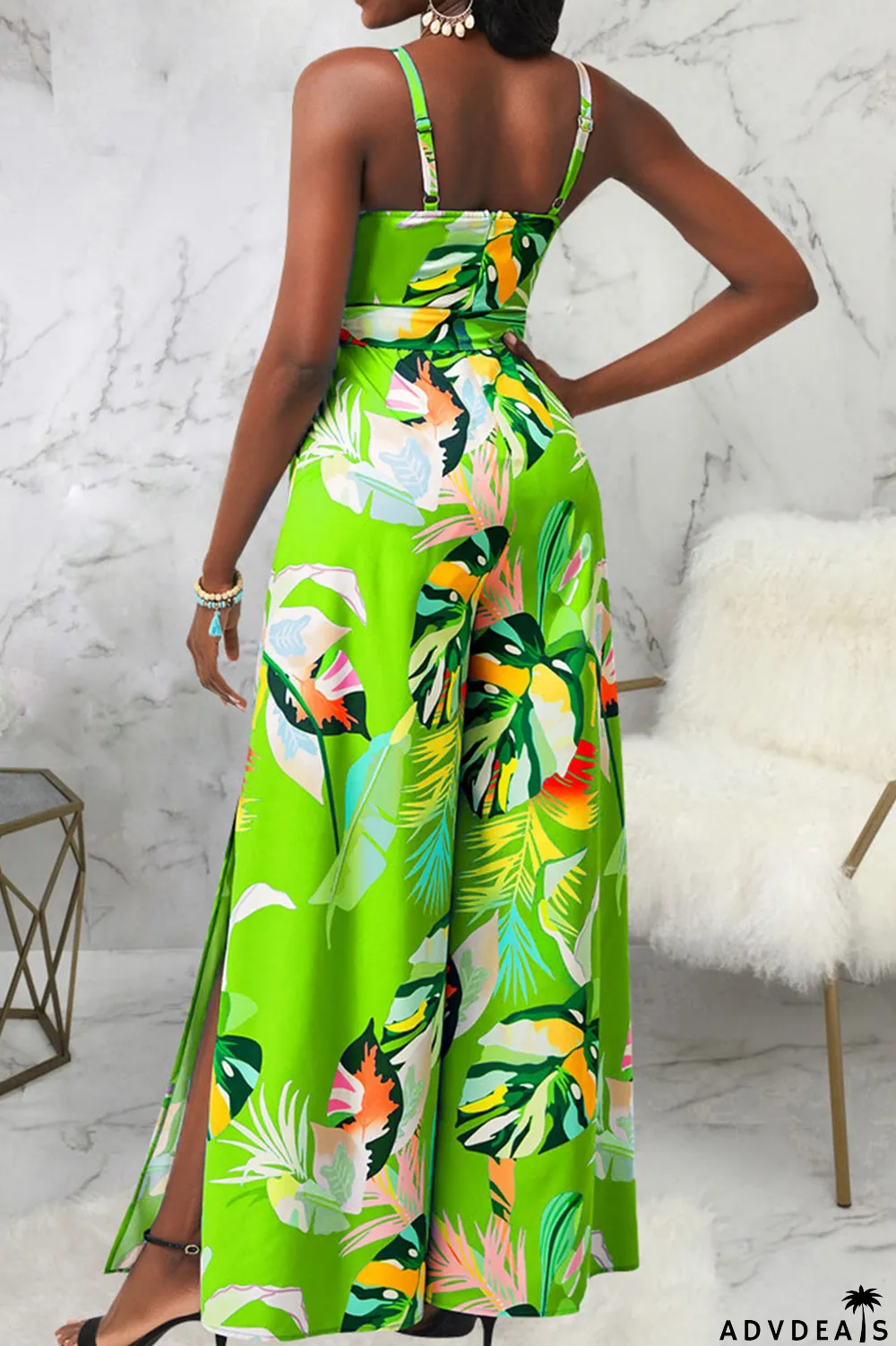 Red Casual Print Patchwork Spaghetti Strap Straight Jumpsuits