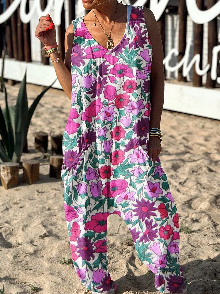 Floral Pattern Hippie Art Print Casual 100% Cotton Wide Leg Jumpsuit