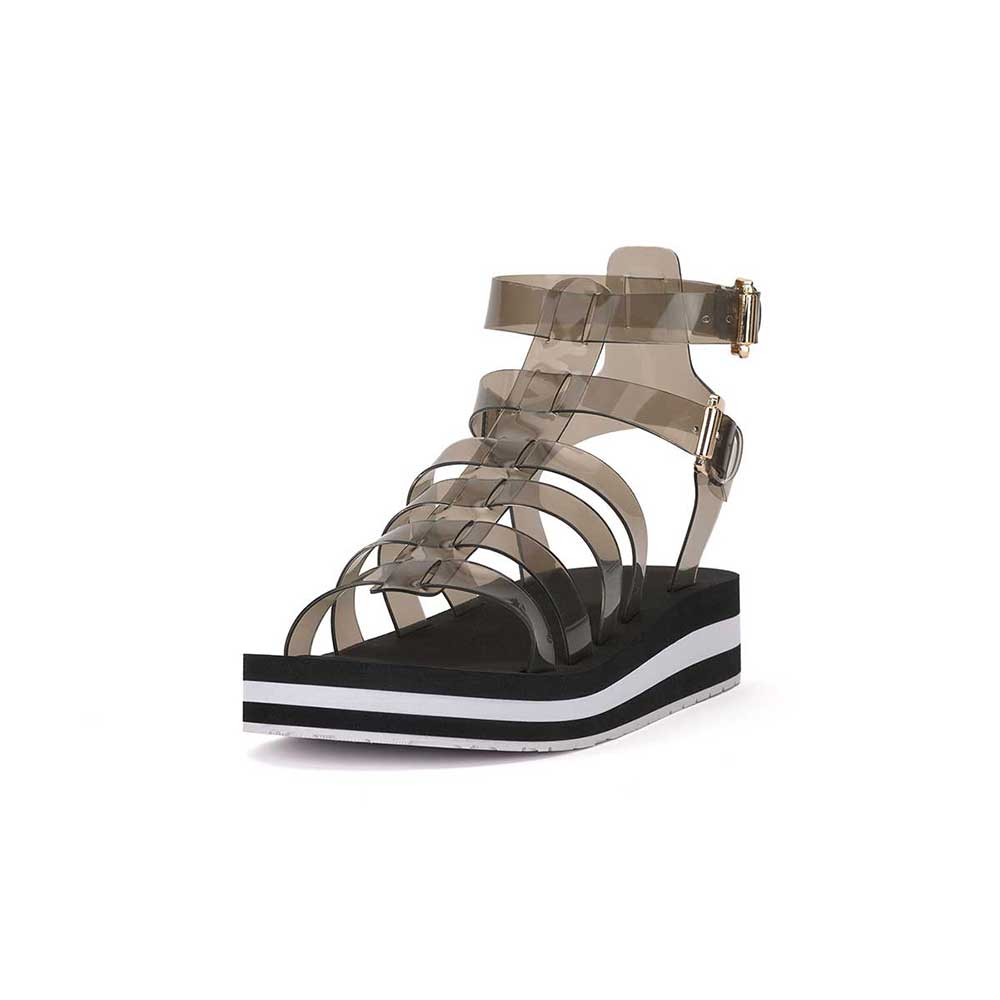 Black & Clear PVC Round Toe Wedge Heel Ankle Strap Platform Sandals Nicepairs