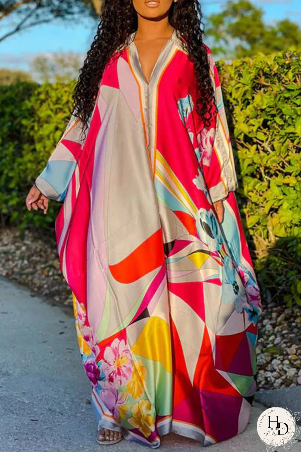 White Casual Print Patchwork V Neck Straight Dresses