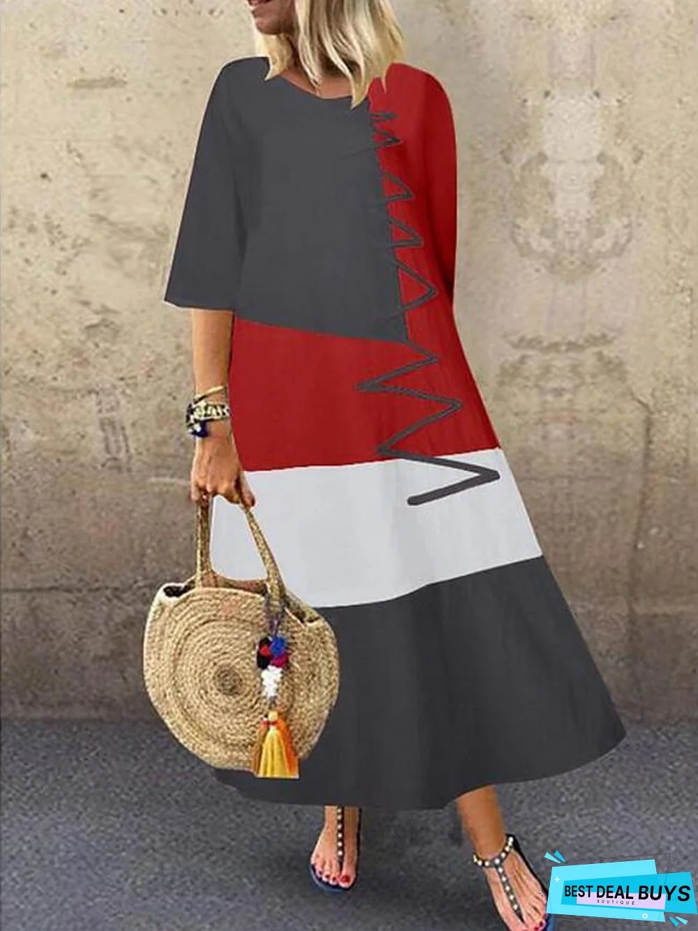 Women's Swing Dress Maxi Long Dress Half Sleeve Color Block Patchwork Summer Hot Casual Cotton White Red Khaki Gray White Dresses
