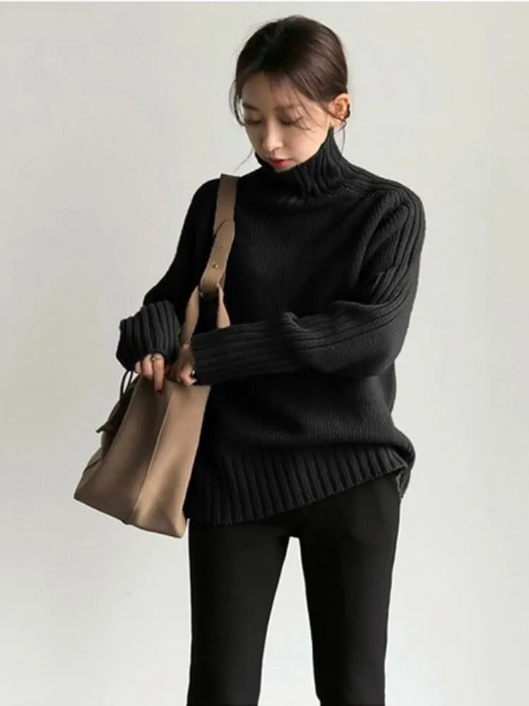 Fashion Tops Women Autumn Winter New Long Sleeve High Collar Knitted Sweater Loose