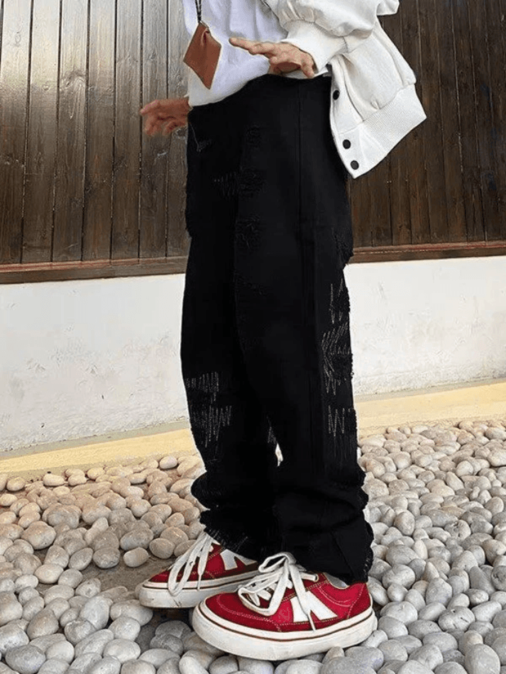 Aonga - Men's Stitch Detail Distressed Black Loose Jeans aonga