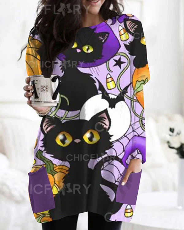Halloween Long Sleeve Casual Pocket T-Shirt Top