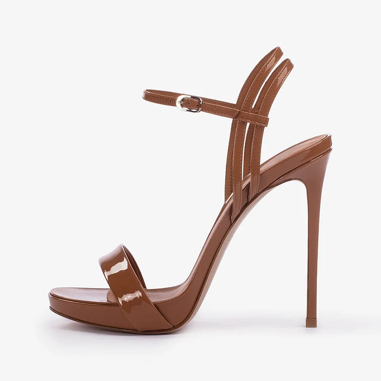 Brown Patent Leather Ankle Strap Heels Open Toe Platform Sandals |FSJ Shoes