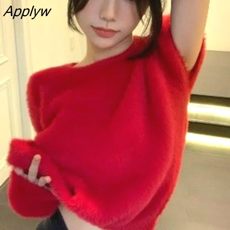 Applyw Pullovers Women Christmas Red Design Clothes All-match Simple Female Elegant Autumn Warm Basic Stylish Solid New Arrival