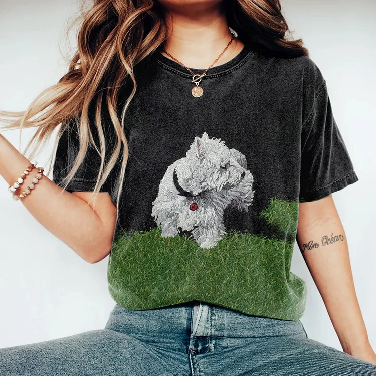 Cute Dog Print Crew Neck Casual T-Shirt
