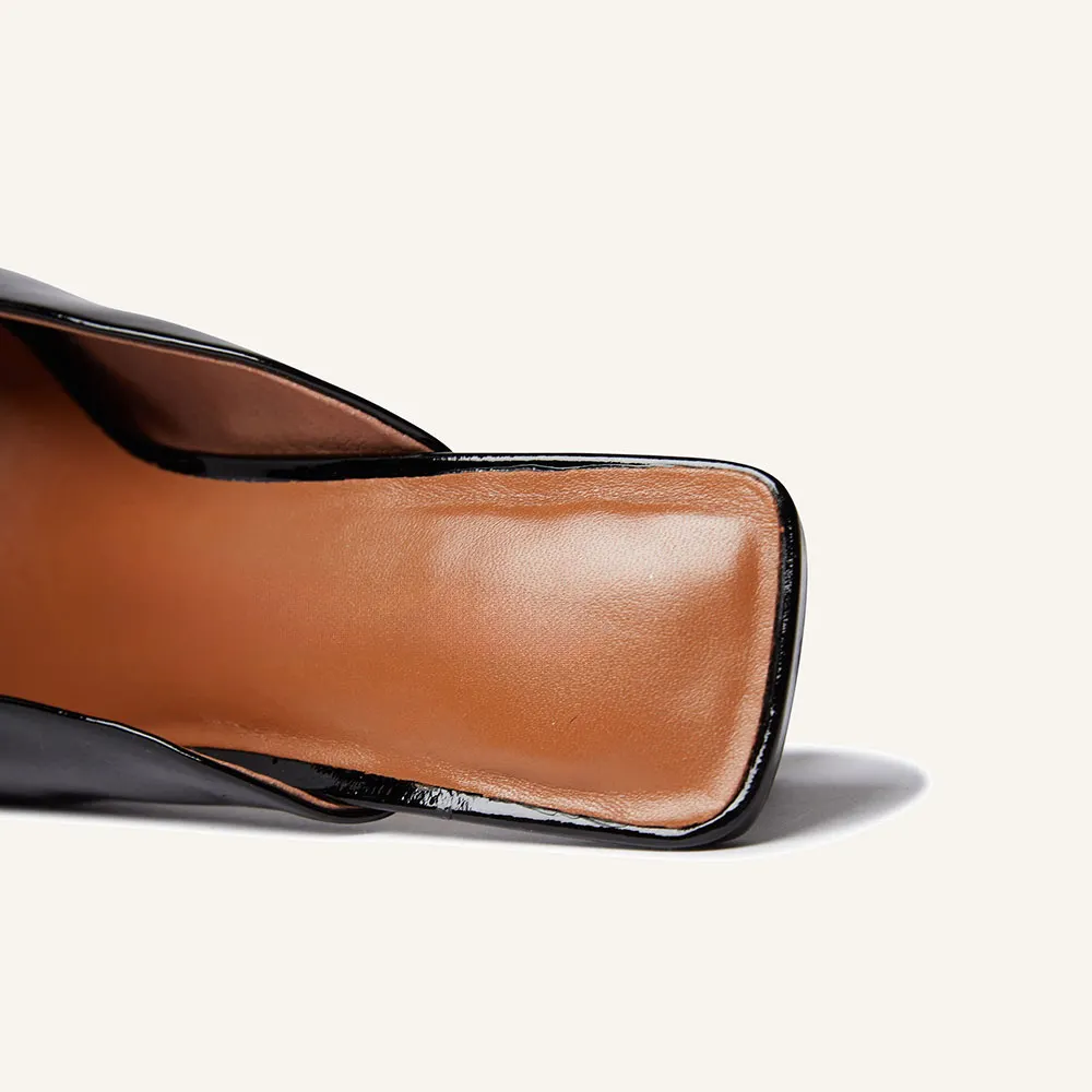 Black Patent Leather Pointed Toe Kitten Heel Mules for Women