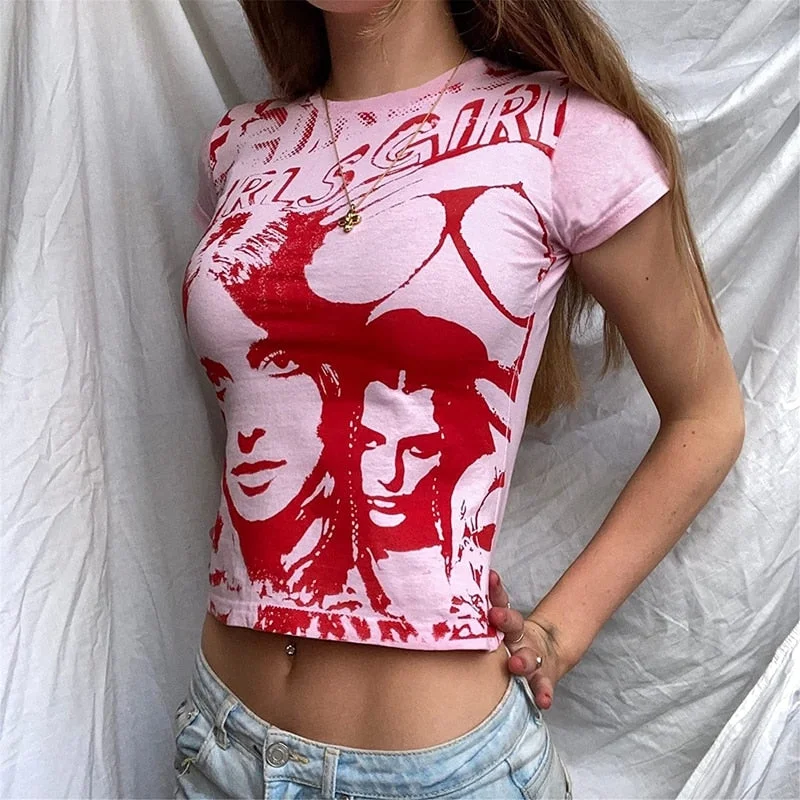 E-girl Harajuku Graphic Print T-shirt 90s Women Vintage Crop Top Y2K Aesthetic Summer Slim Fit Tees Tops Streetwear Gothic Punk