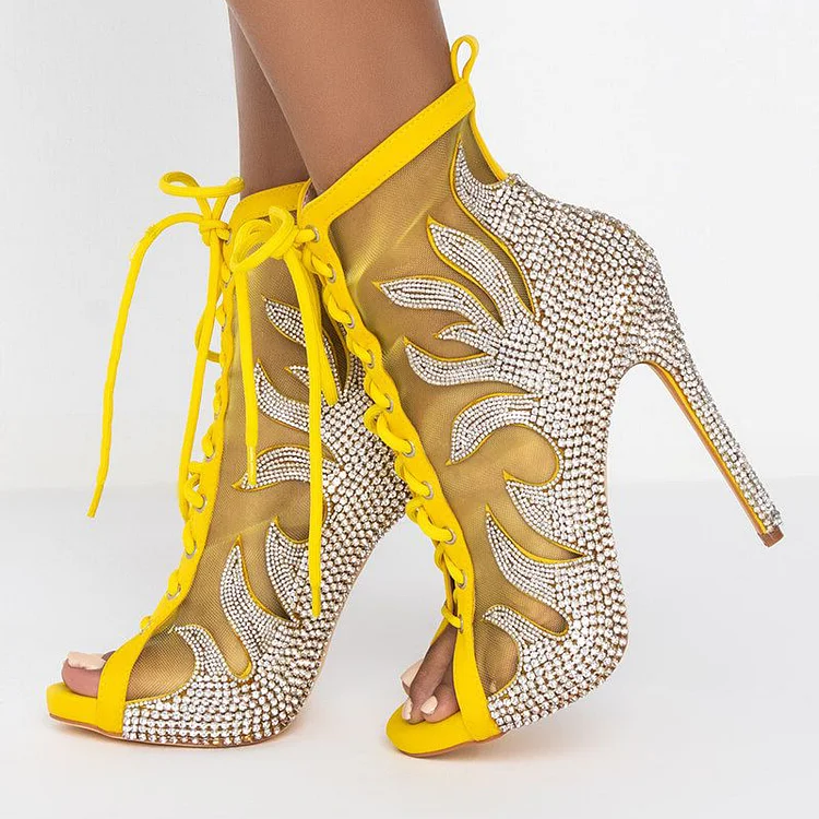 Yellow Rhinestone Stiletto Heels with Open Toe Lace-up Design Vdcoo