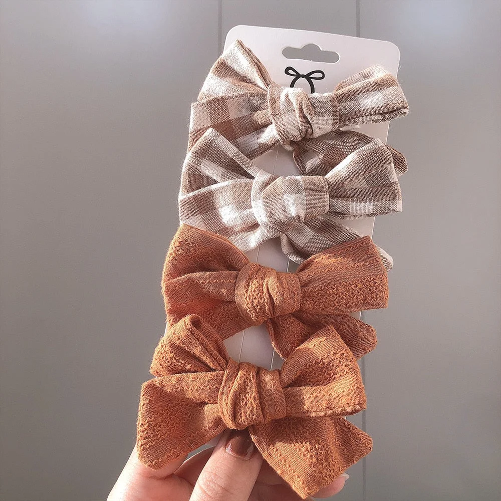 4 Pcs/set Cotton Linen Plaid Bowknot Hair Clips For Cute Girls Floral Handmade Hairpins Barrettes Headwear Kids Hair Accessories