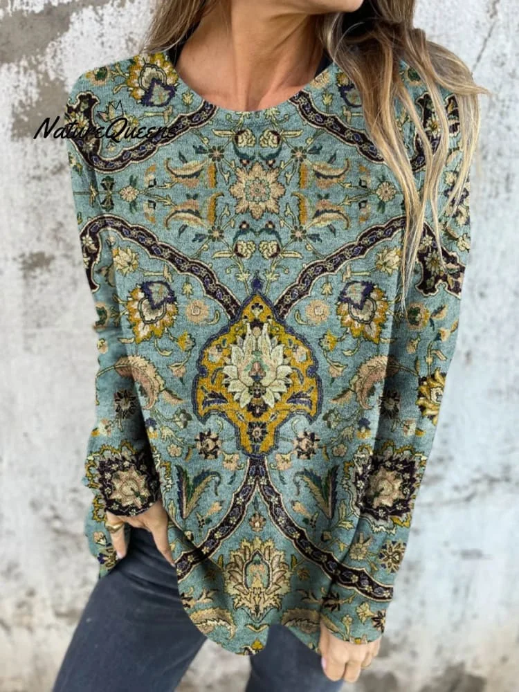 Women's Vintage Lovely Floral Art Print Button Back Casual Knitted Shirt