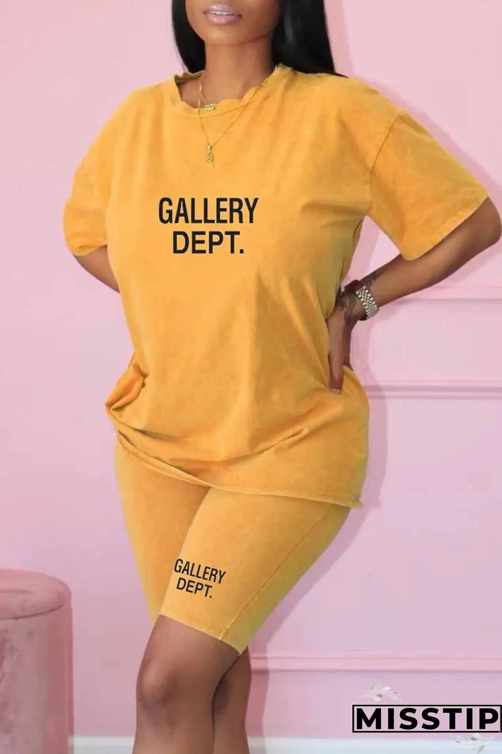 Black Casual Print Letter O Neck Short Sleeve Two Pieces