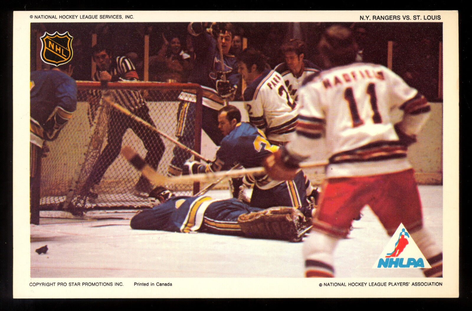 1971-72 NHLPA PRO STAR PROMOTIONS Photo Poster painting PARK-HADFIELD-RATELLE Rangers v Blues NM