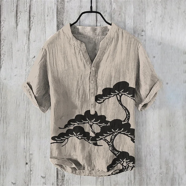 Men's Vintage Ink And Wash Lino Art Linen Blend Shirt