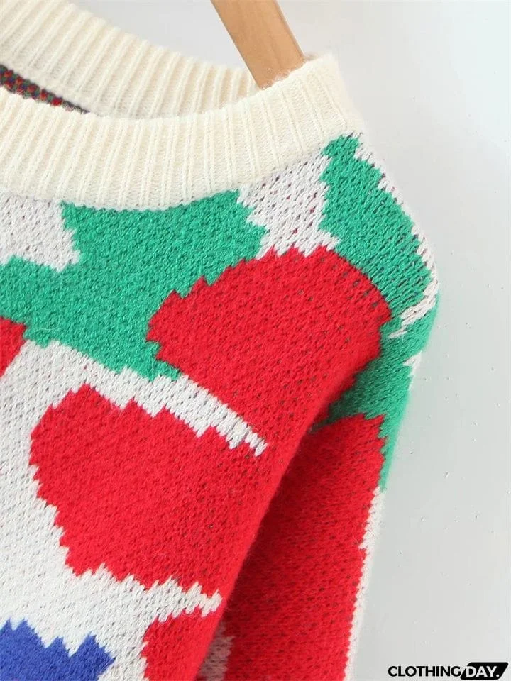 Casual Round Neck Floral Pullover Sweater