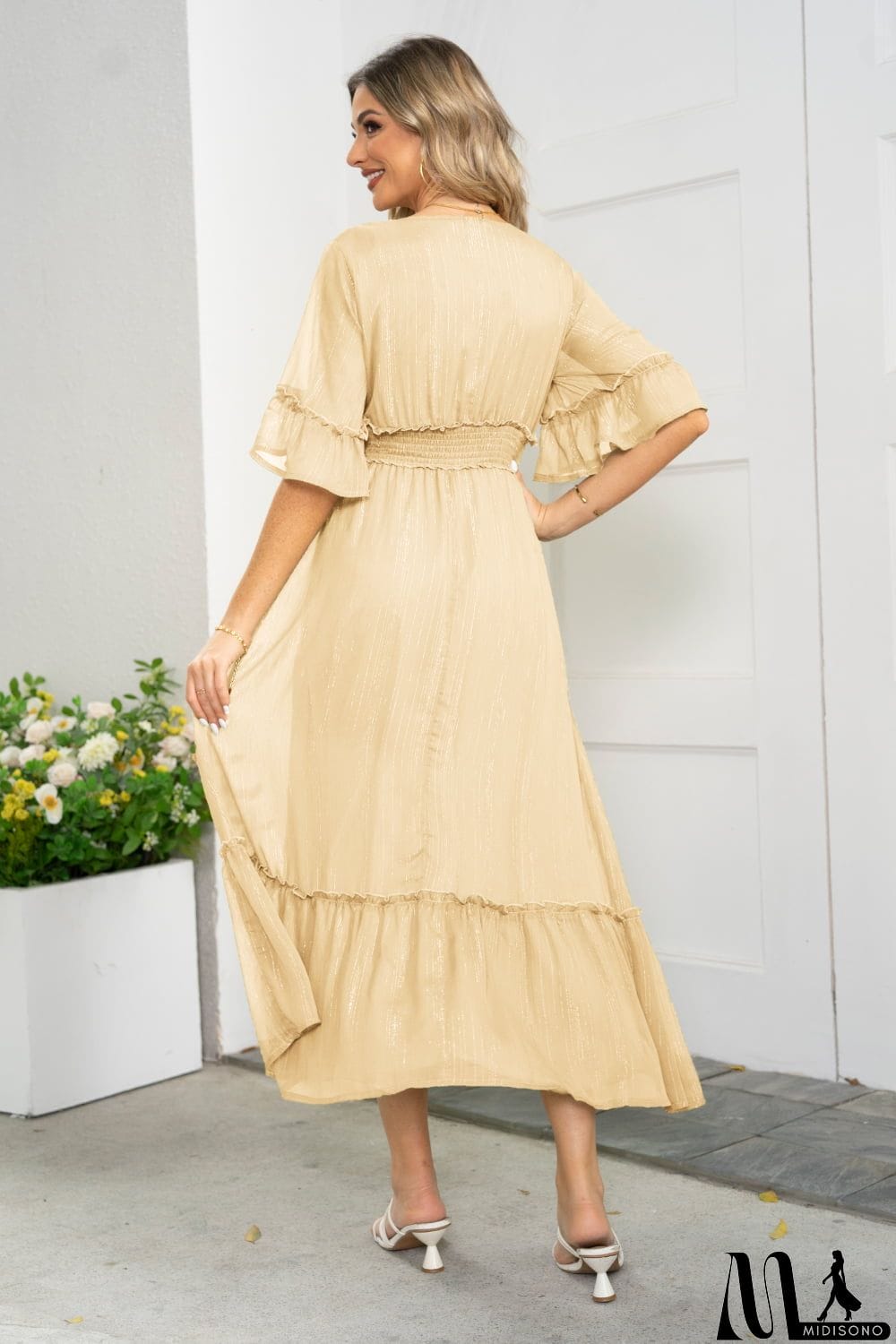 MidiSono - V-Neck Flounce Sleeve Smocked Waist High Slit Dress
