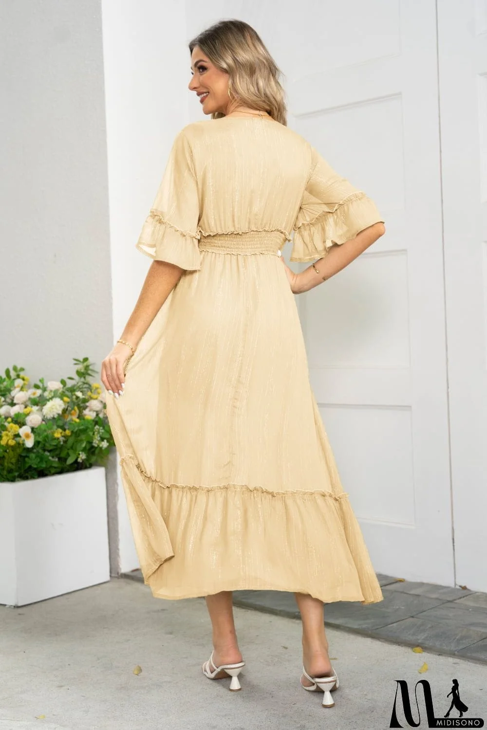 MidiSono - V-Neck Flounce Sleeve Smocked Waist High Slit Dress