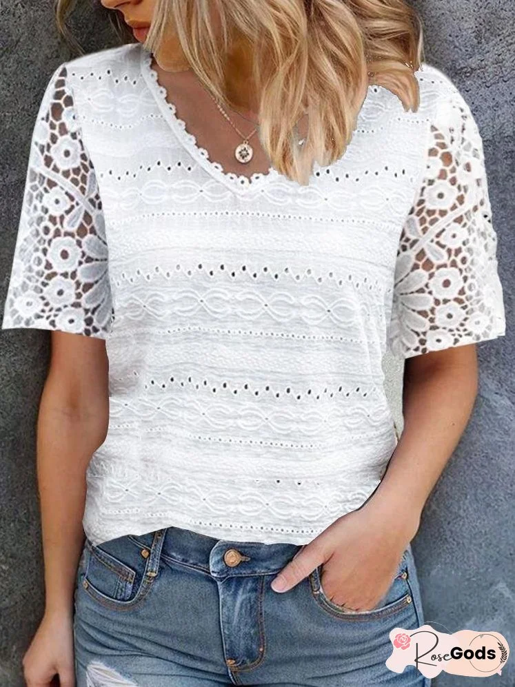 V-neck Lace Patchwork Hollow out Blouse