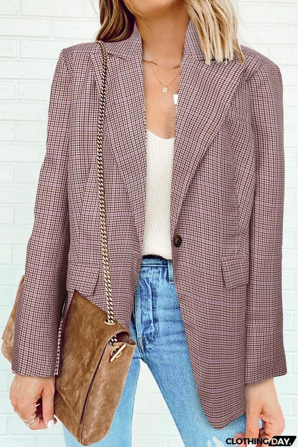 Plaid Print Lapel Collar Buttoned Blazer