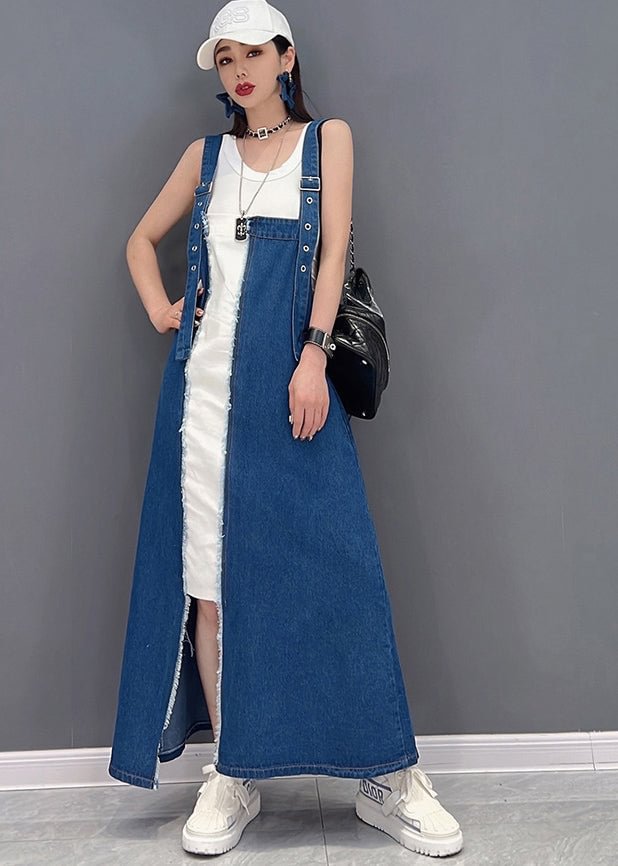 Beautiful Denim Blue Asymmetrical Design Patchwork Cotton Fake Two Piece Strap Dress