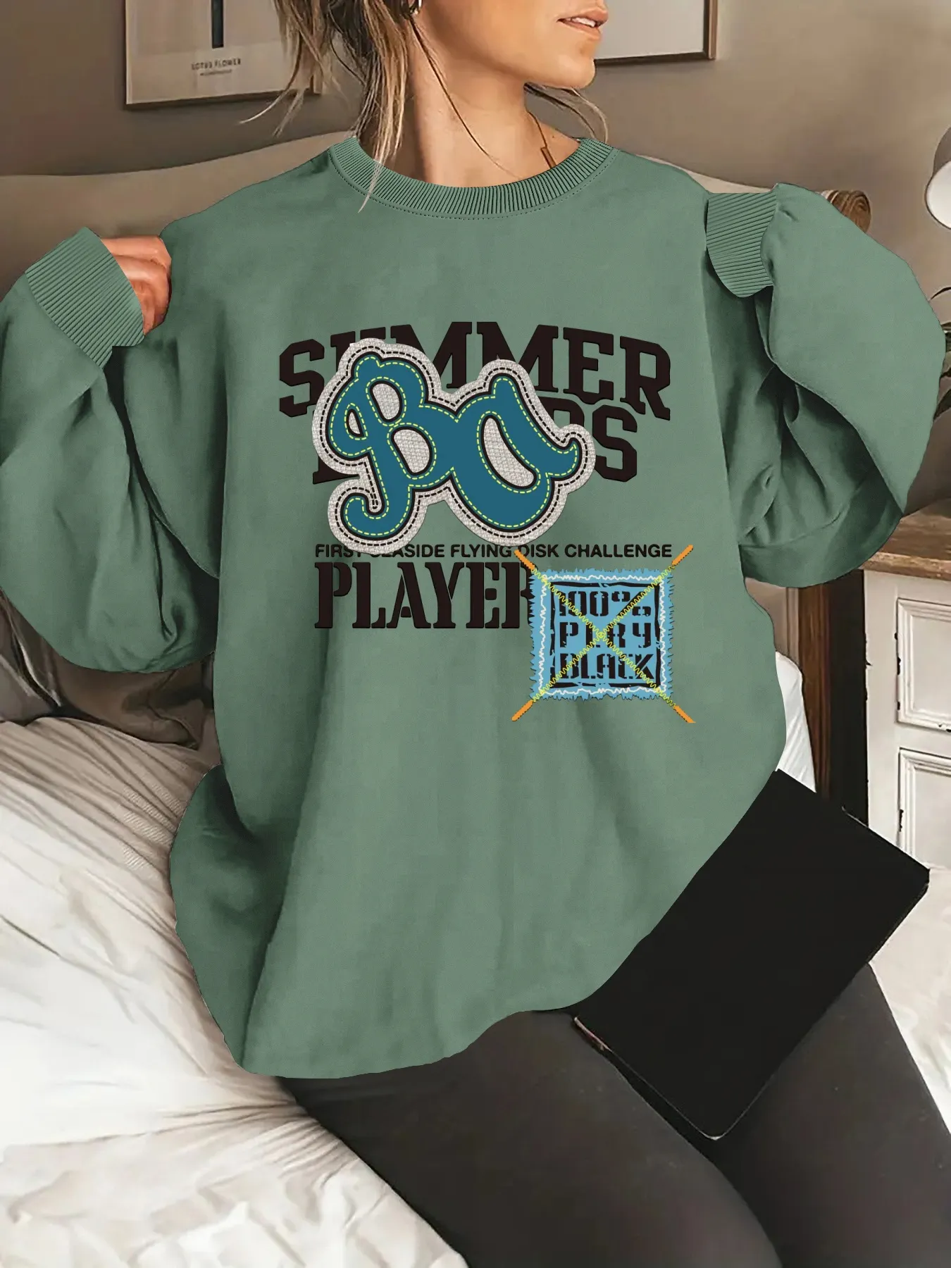 Womens Graphic Print Pullover Sweatshirt Casual Long Sleeve Crew Neck With Bold Lettering