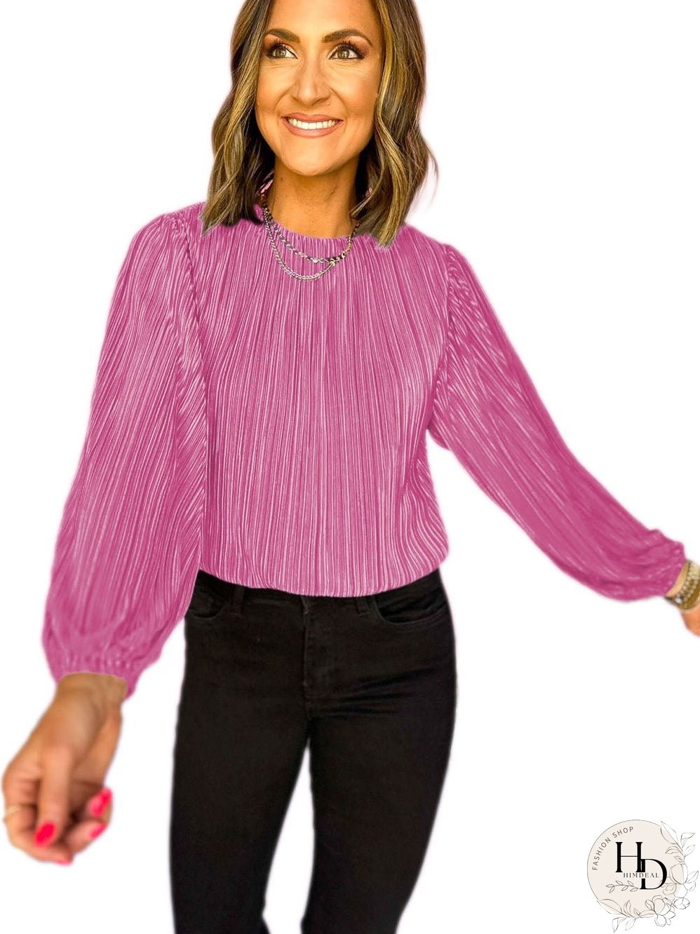 Lustrous Pink Pleated Bonbon Blouse with Puff Sleeves