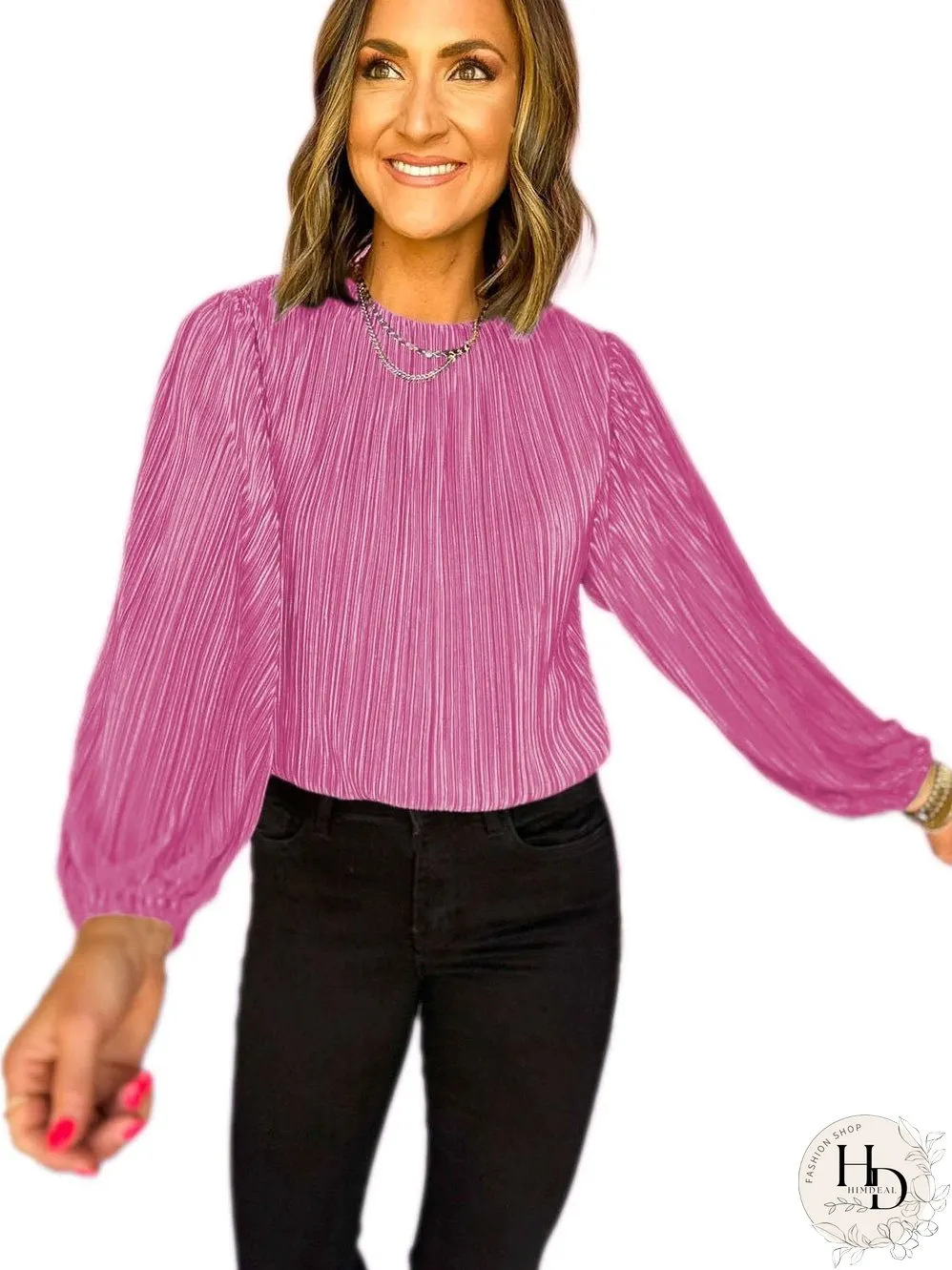 Lustrous Pink Pleated Bonbon Blouse with Puff Sleeves
