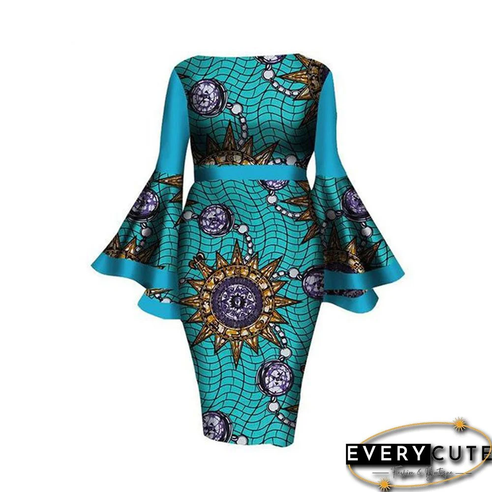 Light Blue Print Trumpet Sleeve Plus Size Dress