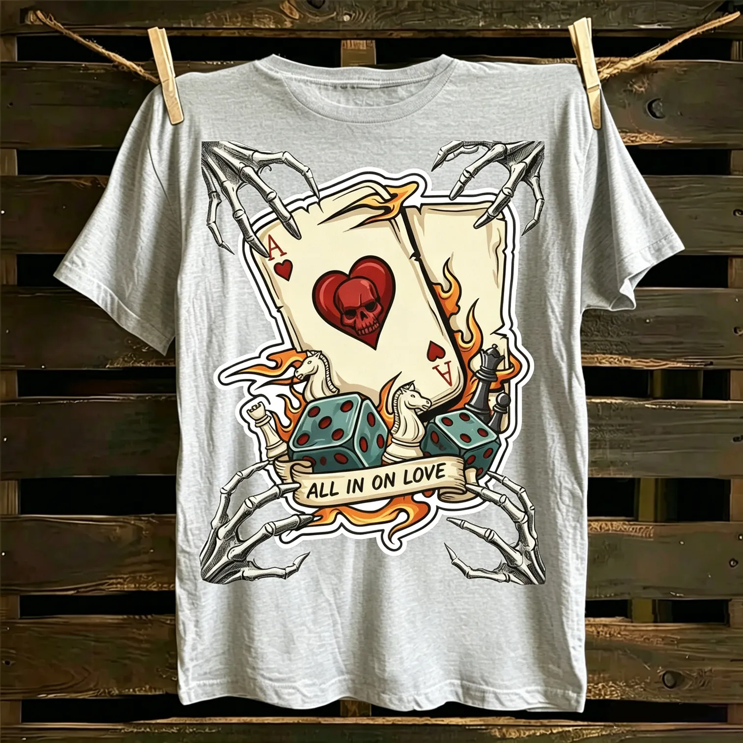 All In On Love Skull Ace Of Hearts Poker Card Design Graphic T-Shirt